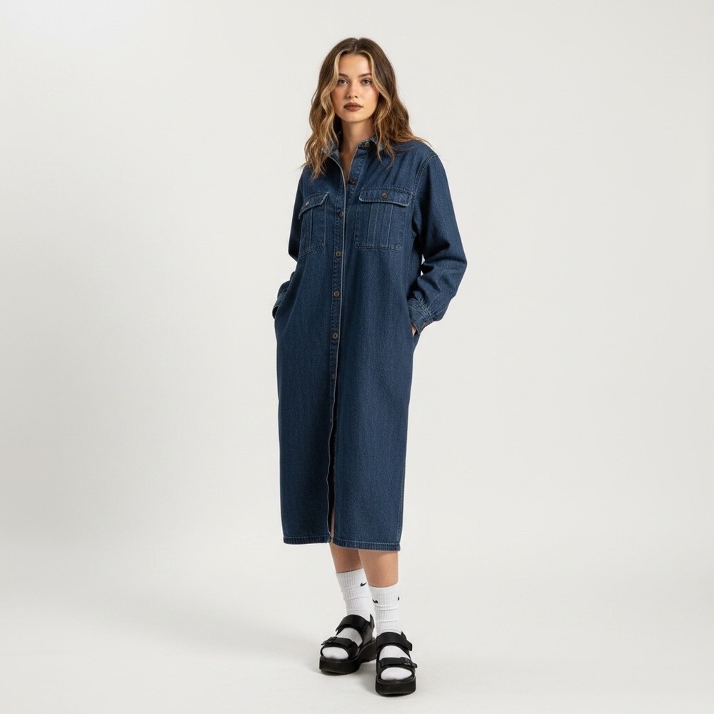 Vtg Calvin Klein Denim Shirt Dress M Dark Wash Japan 90s Midi Utility Streetwear